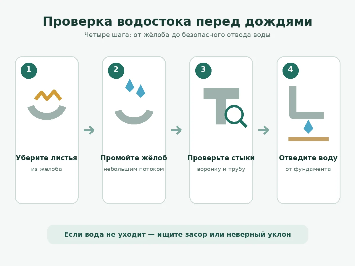 Схема проверки водостока: очистка жёлоба, промывка, осмотр стыков и отвод воды