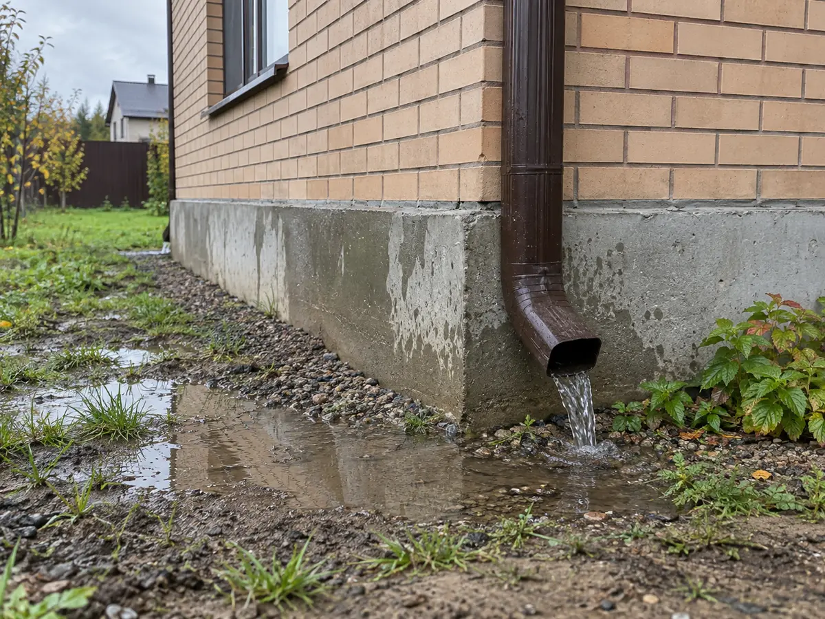 Мокрый фундамент дома и вода из водосточной трубы после дождя