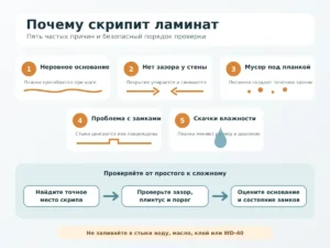 Схема пяти причин скрипа ламината и порядка проверки пола