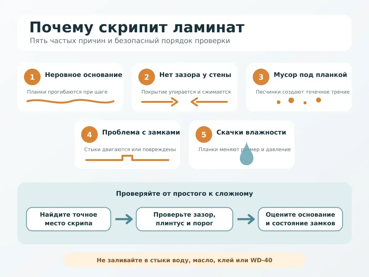 Схема пяти причин скрипа ламината и порядка проверки пола
