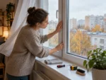 Проверка пластикового окна на сквозняк в осенний день