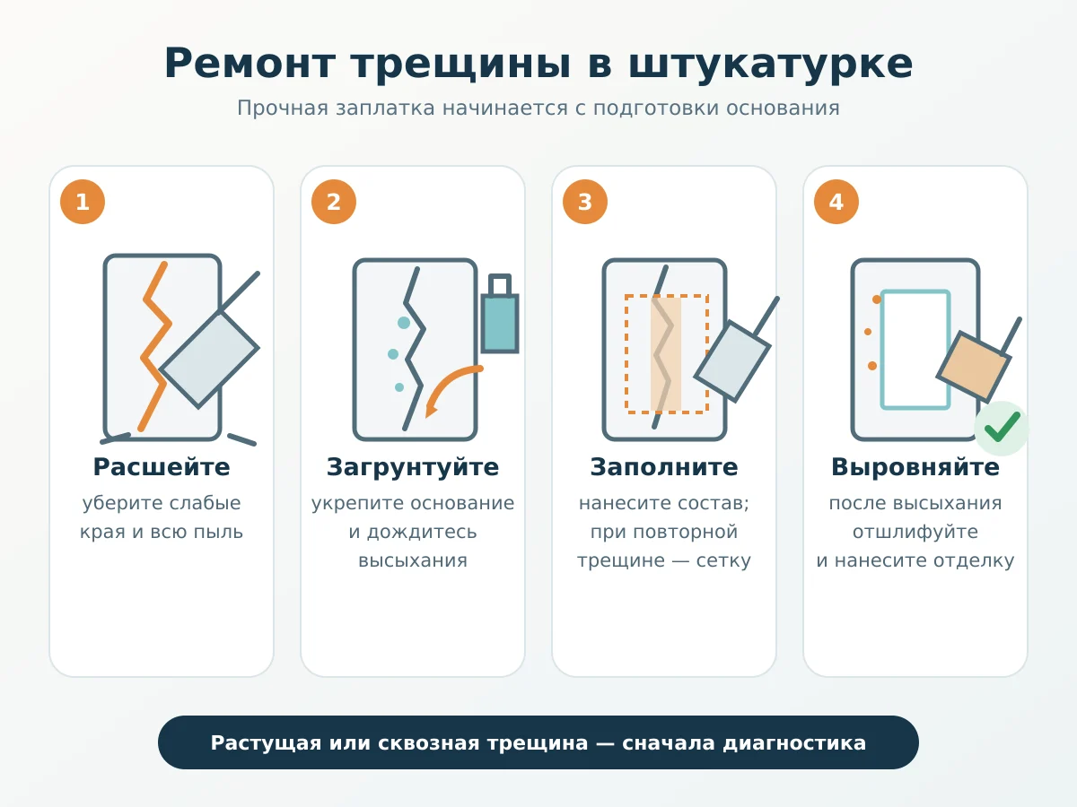 Схема ремонта трещины в штукатурке в четыре этапа